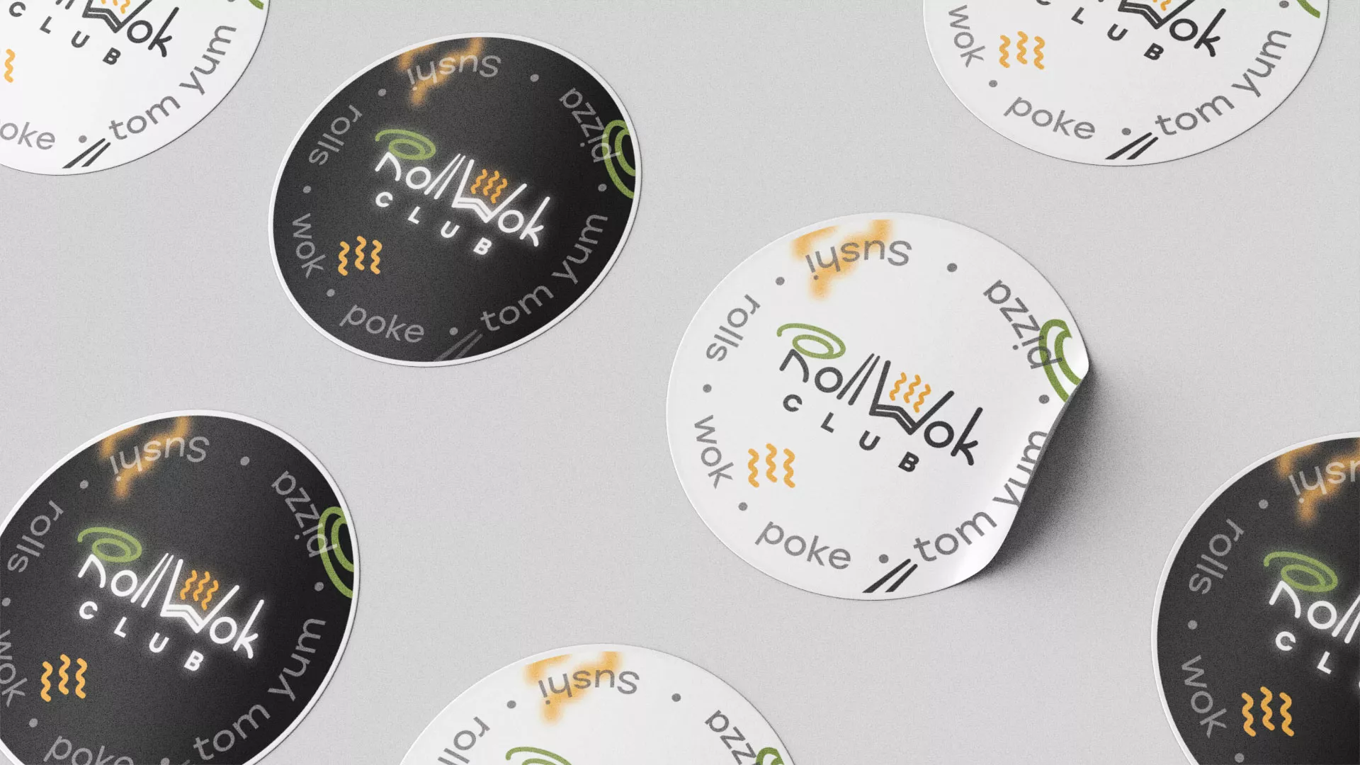 Разработка дизайна наклеек для суши-бара «Roll Wok Club» в Ноябрьске